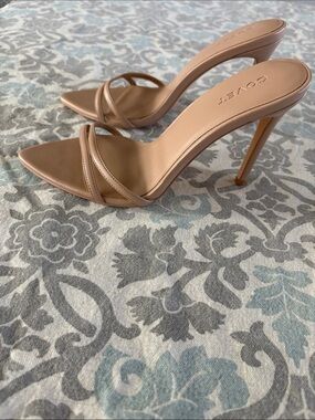 Covet Tan Double-Strap Pointed-Toe Slide Heels, size 38